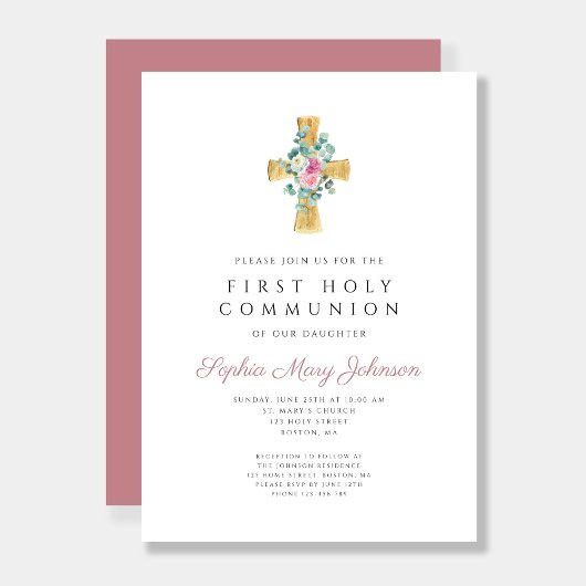 ピンクエレガントフローラクロス最初の聖餐式 招待状