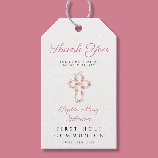 ピンクエレガントフローラクロス第1聖餐式 ギフトタグ