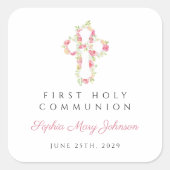 ピンクエレガントフローラクロス第1聖餐式 スクエアシール (正面)