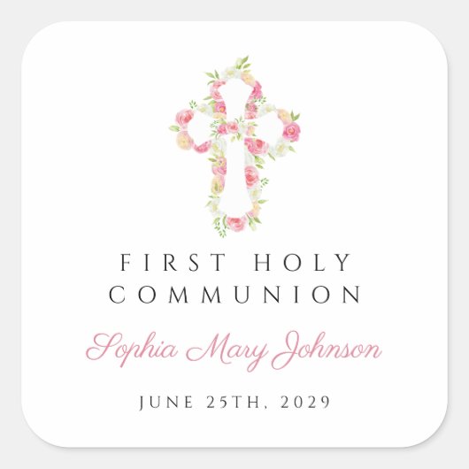ピンクエレガントフローラクロス第1聖餐式 スクエアシール (正面)