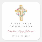 ピンクエレガントフローラクロス第1聖餐式 スクエアシール (正面)