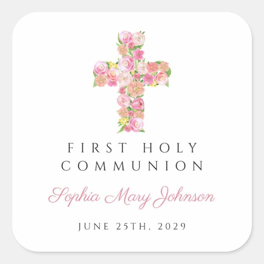 ピンクエレガントフローラクロス第1聖餐式 スクエアシール (正面)