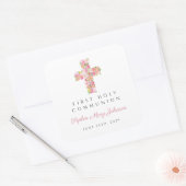 ピンクエレガントフローラクロス第1聖餐式 スクエアシール (封筒)