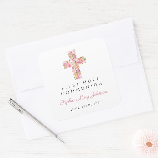 ピンクエレガントフローラクロス第1聖餐式 スクエアシール (封筒)