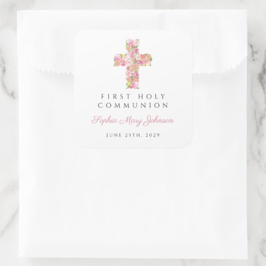 ピンクエレガントフローラクロス第1聖餐式 スクエアシール (バッグ)