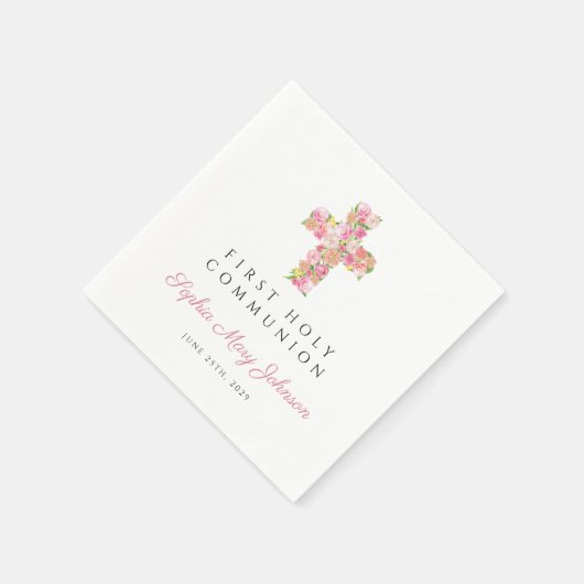 ピンクエレガントフローラクロス第1聖餐式 スタンダードカクテルナプキン (角)