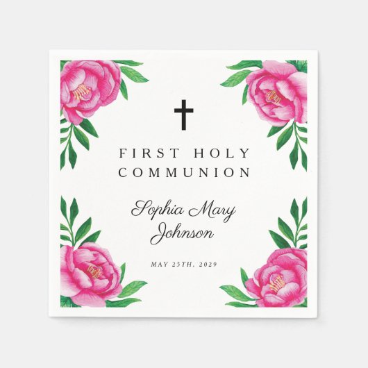 ピンクエレガントフローラクロス第1聖餐式 スタンダードカクテルナプキン (正面)