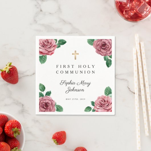 ピンクエレガントフローラクロス第1聖餐式 スタンダードカクテルナプキン (インサイチュ)