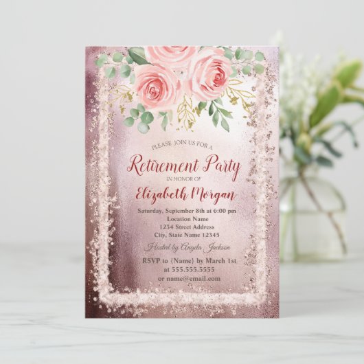 ピンクエレガントフローラグリッターフレーム退職 招待状 (スタンド正面)