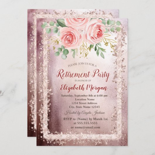 ピンクエレガントフローラグリッターフレーム退職 招待状 (正面/裏面)