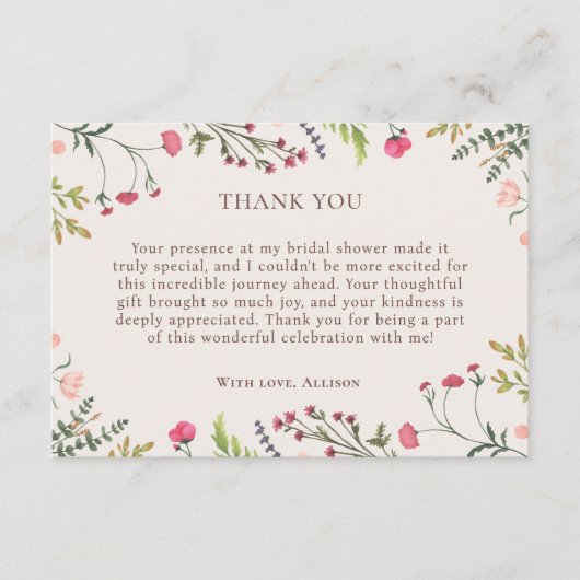 ピンクエレガントフローラグリーンブライダルシャワーありがとう エンクロージャーカード (正面)