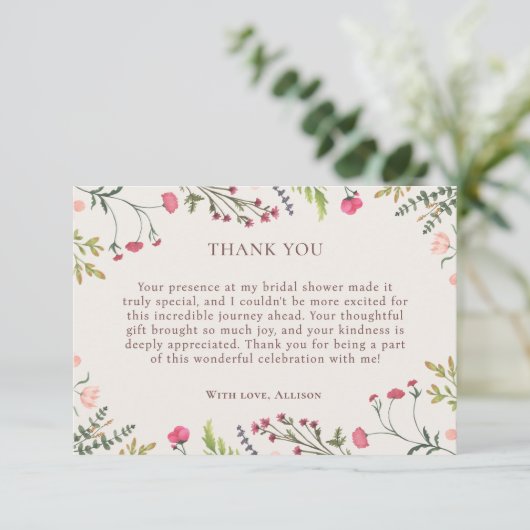 ピンクエレガントフローラグリーンブライダルシャワーありがとう エンクロージャーカード (スタンド正面)