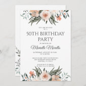 ピンクエレガントフローラグリーン50th誕生日パーティー 招待状 (正面/裏面)