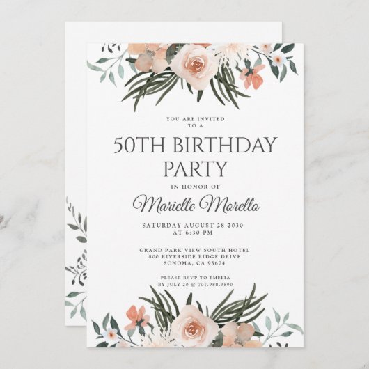 ピンクエレガントフローラグリーン50th誕生日パーティー 招待状 (正面/裏面)