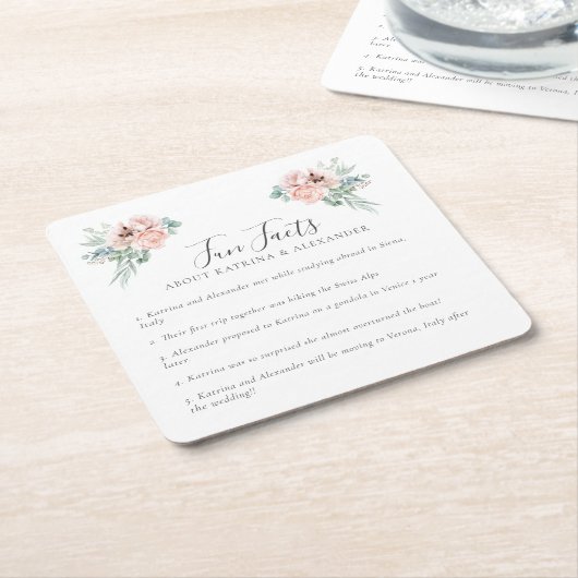 ピンクエレガントフローラグレーとホワイトおもしろいファクト結婚ズ スクエアペーパーコースター (アングル)