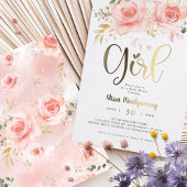 ピンクエレガントフローラゴールドフォイルガールベビーシャワー 箔招待状