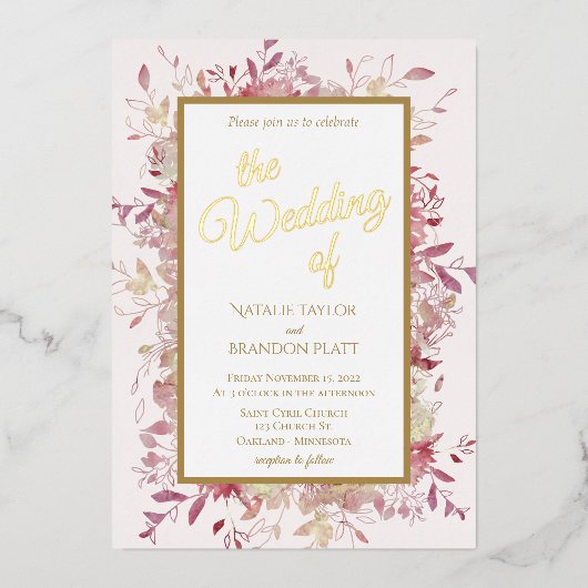 ピンクエレガントフローラゴールドフォイル結婚ズ 箔招待状 (正面)