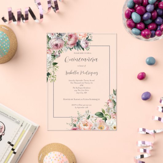 ピンクエレガントフローラシルバーキ縁どンセアネラ アクリル招待状 (インサイチュ (お祝い))