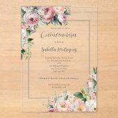 ピンクエレガントフローラシルバーキ縁どンセアネラ アクリル招待状 (正面)