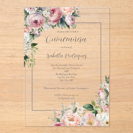 ピンクエレガントフローラシルバーキ縁どンセアネラ アクリル招待状 (正面)