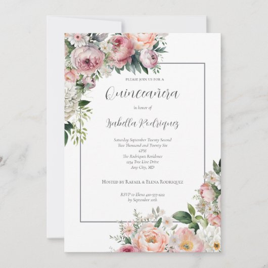 ピンクエレガントフローラシルバーキ縁どンセアネラ 招待状 (正面)