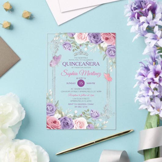 ピンクエレガントフローラシルバーパープルガールキンセアニラ アクリル招待状 (インサイチュ (ウェディング))