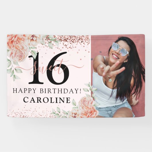 ピンクエレガントフローラスウィート16誕生日写真 横断幕 (横)