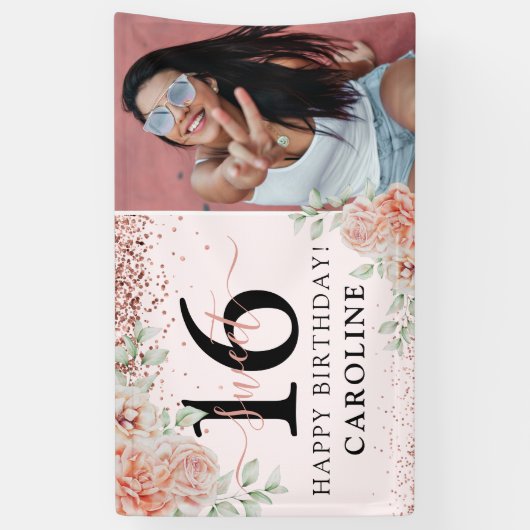 ピンクエレガントフローラスウィート16誕生日写真 横断幕 (縦)