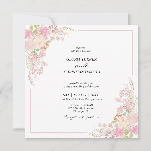 ピンクエレガントフローラスクエア結婚式招待状 招待状 (正面)