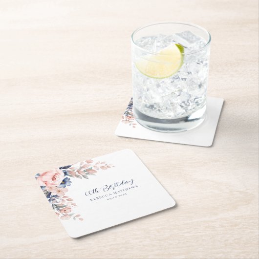 ピンクエレガントフローラスクリプト60誕生日任意の年齢 スクエアペーパーコースター (インサイチュ)