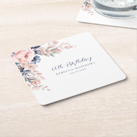 ピンクエレガントフローラスクリプト60誕生日任意の年齢 スクエアペーパーコースター (アングル)