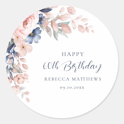 ピンクエレガントフローラスクリプト60誕生日任意の年齢 ラウンドシール (正面)