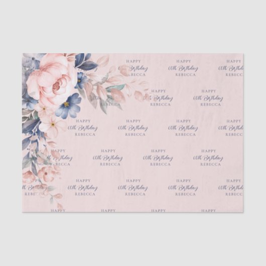 ピンクエレガントフローラスクリプト60誕生日任意の年齢 薄葉紙 (正面)