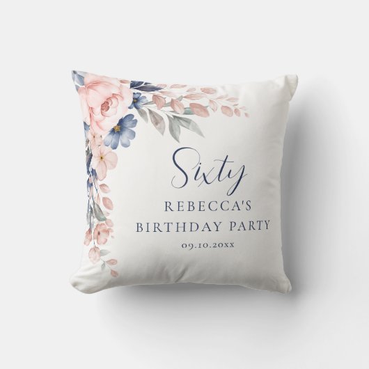 ピンクエレガントフローラスクリプト60誕生日 クッション (正面)