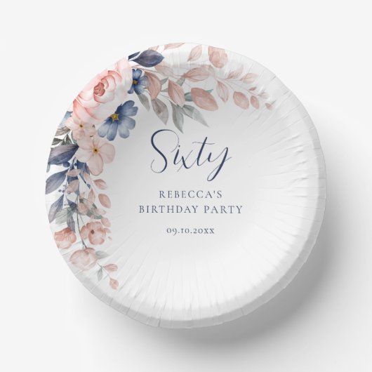 ピンクエレガントフローラスクリプト60誕生日 ペーパーボウル (正面)