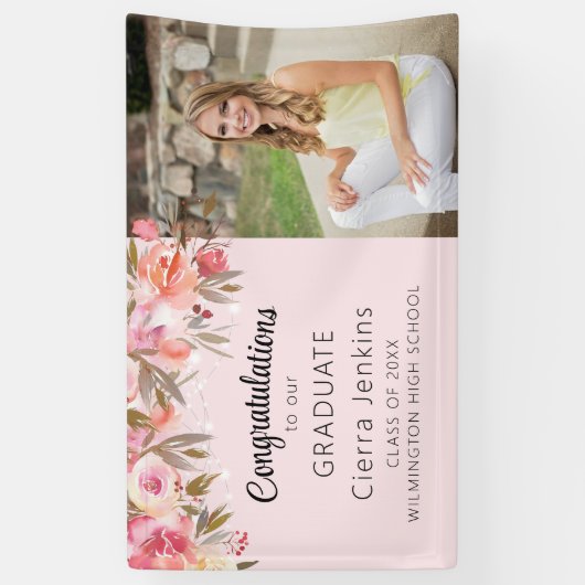 ピンクエレガントフローラストリング光卒業バナー 横断幕 (縦)