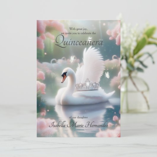 ピンクエレガントフローラスワンシルバーティアラキンセアニラ 招待状 (スタンド正面)