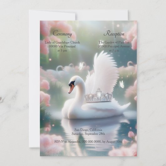 ピンクエレガントフローラスワンシルバーティアラキンセアニラ 招待状 (裏面)