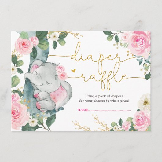 ピンクエレガントフローラゾウのシャワーおむつラッフル エンクロージャーカード (正面)