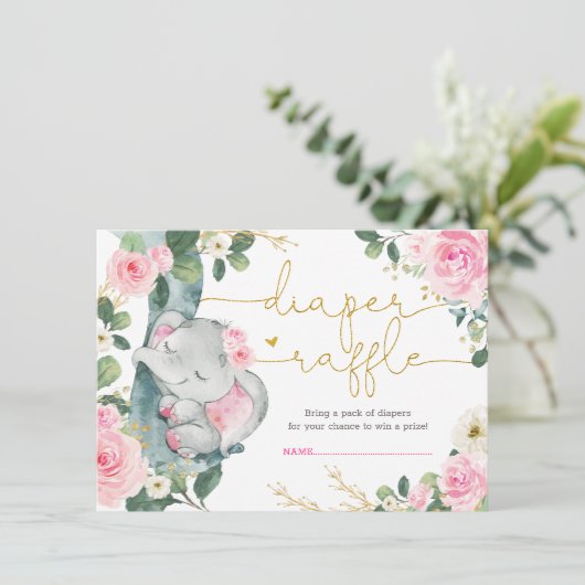 ピンクエレガントフローラゾウのシャワーおむつラッフル エンクロージャーカード (スタンド正面)