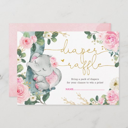 ピンクエレガントフローラゾウのシャワーおむつラッフル エンクロージャーカード (正面/裏面)