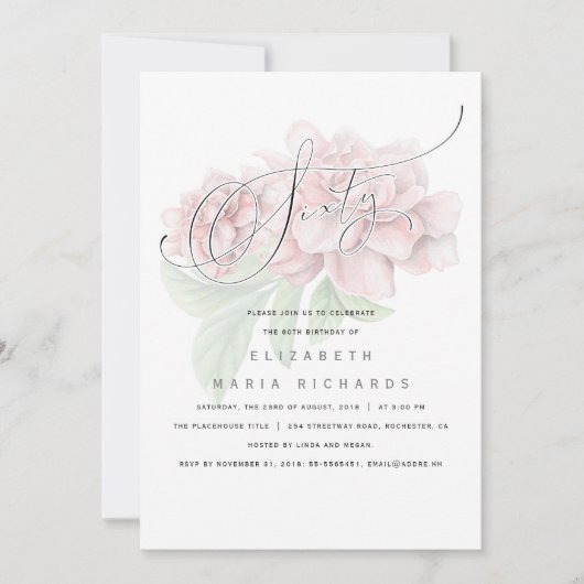 ピンクエレガントフローラタイポグラフィ60誕生日パーティー 招待状 (正面)