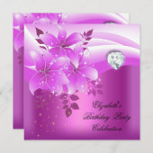 ピンクエレガントフローラダイヤモンドバースデーパーティー 招待状 (正面/裏面)