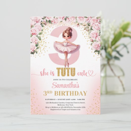 ピンクエレガントフローラツツのドレス金ゴールド女の子3rd 招待状 (スタンド正面)