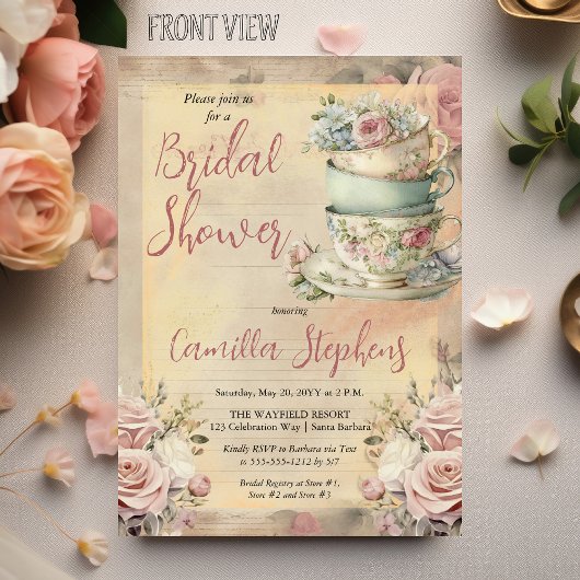 ピンクエレガントフローラティーカップブライダルシャワーティー 招待状