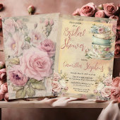 ピンクエレガントフローラティーカップブライダルシャワーティー 招待状