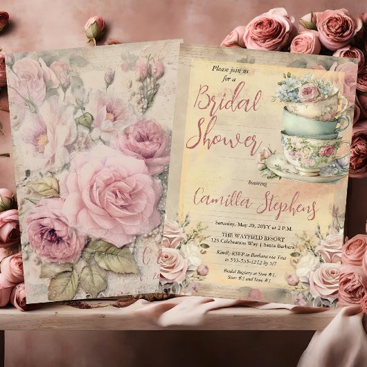 ピンクエレガントフローラティーカップブライダルシャワーティー 招待状