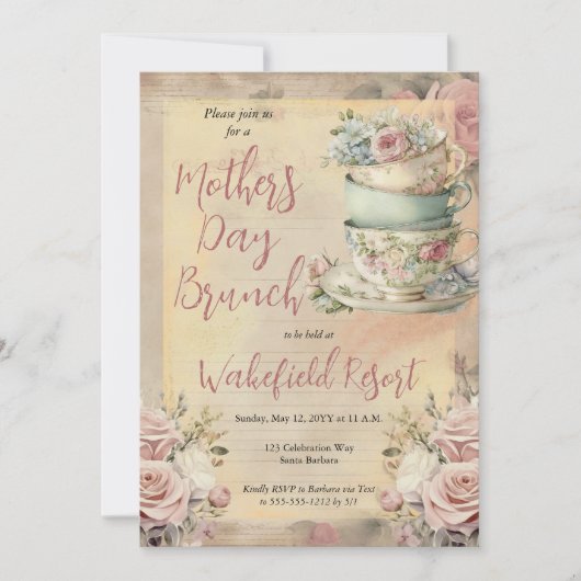 ピンクエレガントフローラティーカップマザーズデイブランチ 招待状 (正面)