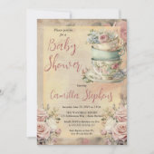 ピンクエレガントフローラティーカップ女の子ベビーシャワーティー 招待状 (正面)