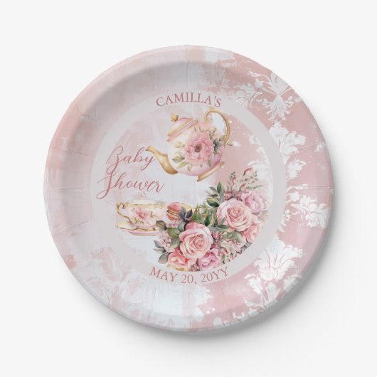 ピンクエレガントフローラハイティーガール赤ちゃんシャワー ペーパープレート (正面)